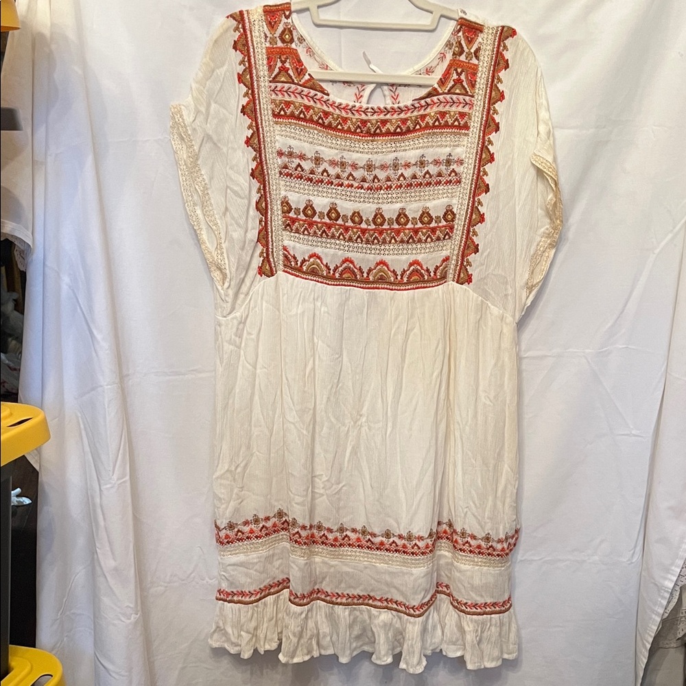Free People Ivory Dress with Red and Brown Embroidery